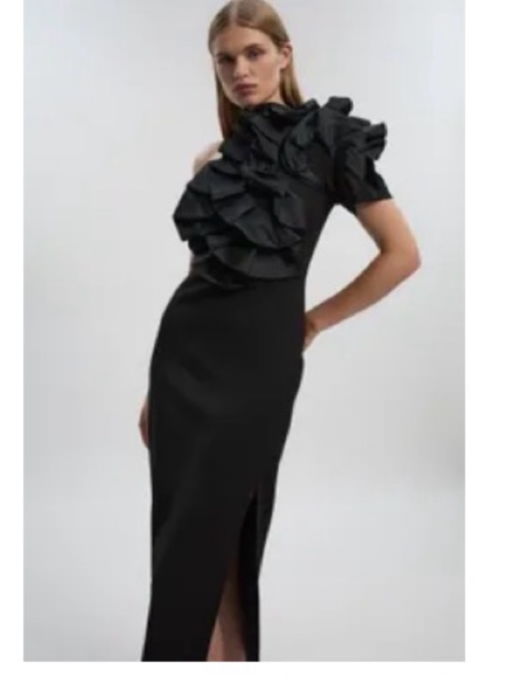 Karen Millen Black One-Shoulder Ruffle Gown
